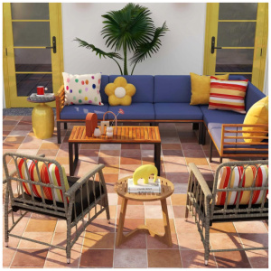 Patio Furniture Set: Patio Dining Set+Teak Wood Side Table+3 Pieces Patio Rattan Bistro Set