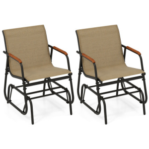 Patio Glider Chair Set of 2 with Curved Teak Armrests and Breathable Fabric Seat-Brown