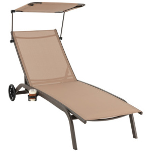 Patio Heavy-Duty Adjustable Chaise Lounge Chair with Canopy Cup holder and Wheels-Brown