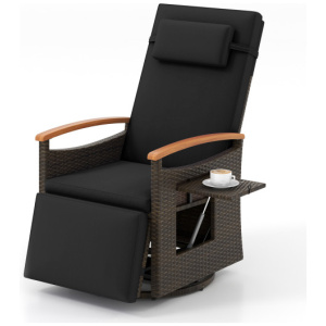 Patio Rattan 360° Cushioned Push Back Reclining Seat with Adjustable Backrest and Flip Side Table