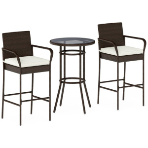Patio Rattan Bar Height Table and Chairs with 2 Seat Cushions for Porch-White