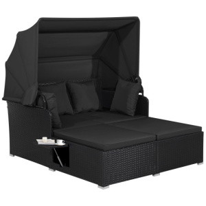 Patio Rattan Daybed with Retractable Canopy and Side Tables-Black