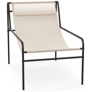Patio Sling Lounge Chair with Removable Headrest Pillow and Metal Frame-Beige