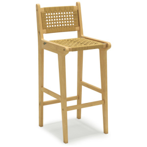 Patio Teak Wood Bar Stool with Rattan Backrest and Seat