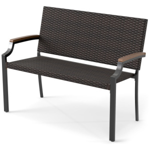 Patio Wicker Loveseat Chair with Acacia Wood Armrests and Metal Frame