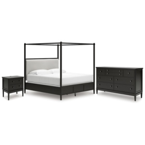 Portdown Queen Next-Gen Nuvella™ Performance Fabric Canopy Bed with Dresser and Nightstand, Black