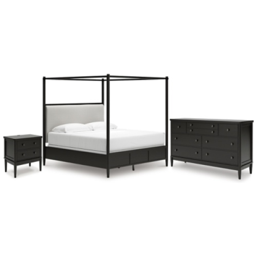 Portdown Queen Next-Gen Nuvella™ Performance Fabric Canopy Bed with Dresser and Nightstand, Black