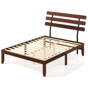 Queen Size Bed Frame 15.5 Inch Solid Wood Platform Bed with Retro Headboard