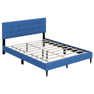 Queen Size Upholstered Platform Bed with Button Tufted Headboard-Blue