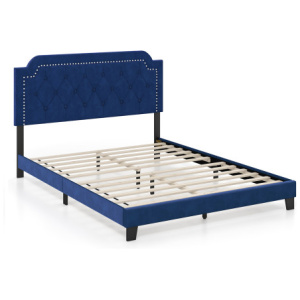 Queen Size Velvet Platform Bed with Button Tufted and Nailhead Trim Headboard-Queen Size