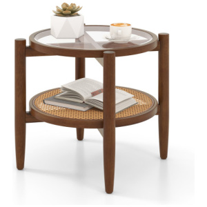 Rattan Round Side End Table with Tempered Glass Tabletop