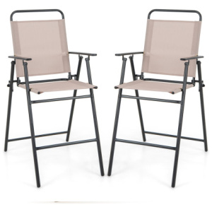Set of 2 Patio Folding Bar-Height Chairs with Armrests and Quick-Drying Seat-Beige