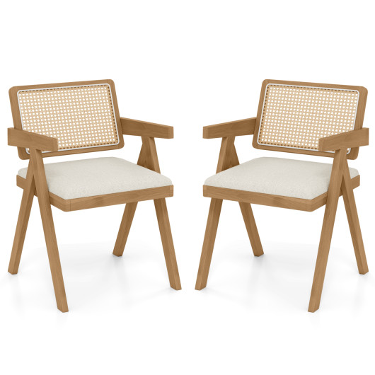 Set of 2 Rattan Accent Chairs with Padded Cushion and Rubber Wood Frame-Beige