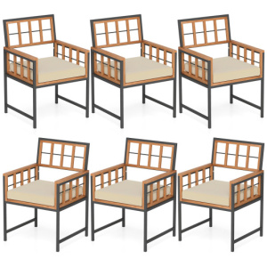 Set of 6 Patio Dining Chairs Acacia Wood Armchairs with Cushions