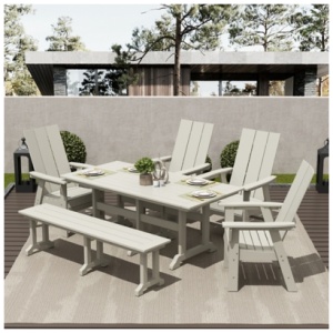 Shoreside Outdoor Curveback Adirondack Dining Table and 4 Chairs and Bench, Sand