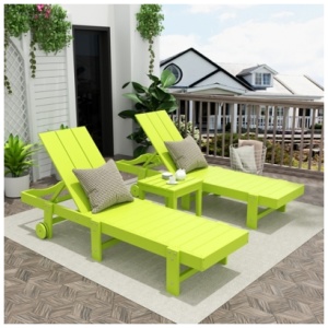 Shoreside Reclining Chaise Lounges With Wheels and Side Table (Set of 3), Lime