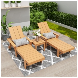 Shoreside Reclining Chaise With Arms and Wheels and Square Side Table (Set of 3), Teak