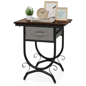 Side Table with Fabric Drawer and Carved Metal Frame for Living Room