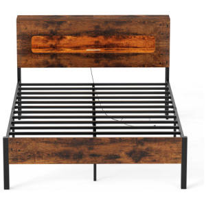 Slatted Full Bed Frame with LED Lights and Storage Headboard No Box Spring Needed-Full Size