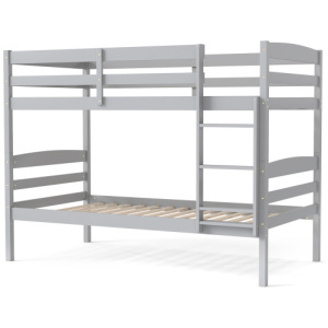 Solid Wood Twin Over Twin Bunk Bed Frame with High Guardrails and Integrated Ladder-Gray