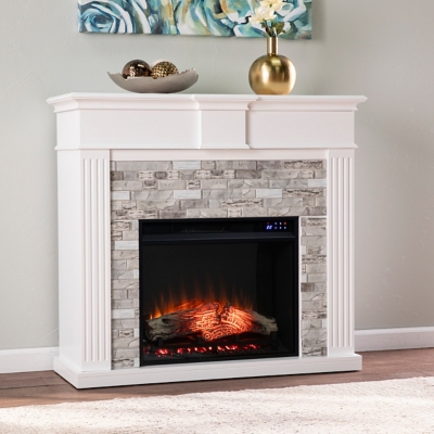 Southern Enterprises Furniture Ashlaurel Touch Screen Fireplace Mantel, White/Gray