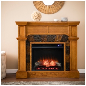 Southern Enterprises Furniture Prettah Convertible Touch Screen Fireplace Mantel, Mission Oak