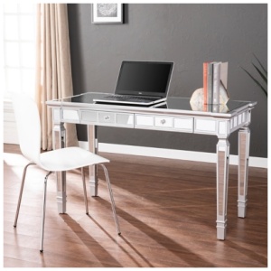 Southern Enterprises Furniture Wellax Glam Mirrored Writing Desk with Drawers, Matte Silver