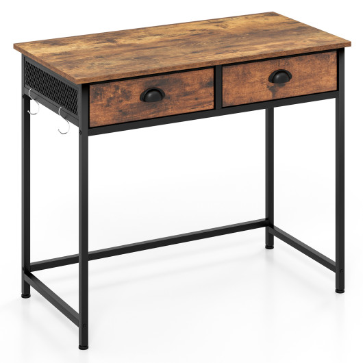 Space Saving Home Office Desk with 2 Fabric Drawers and 4 Hanging Hooks-Rustic Brown