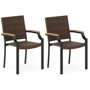 Stacking Wicker Chairs Set of 2 Patio Rattan Dining Chairs with Acacia Wood Armrests