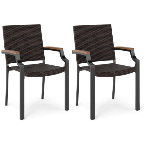 Stacking Wicker Chairs Set of 2 Patio Rattan Dining Chairs with Acacia Wood Armrests