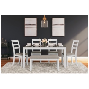 Stonehollow Dining Table and 4 Chairs and Bench , White/Gray