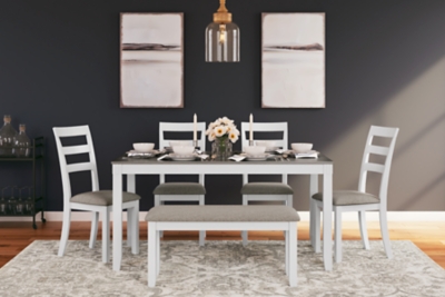 Stonehollow Dining Table and 4 Chairs and Bench , White/Gray