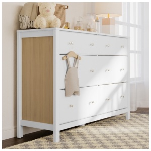 Storkcraft Horizon 6 Drawer Double Dresser, White/Driftwood