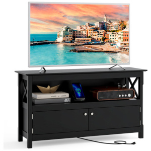 TV Stand Entertainment Center with Charging Station for TVs up to 50 Inch-Black
