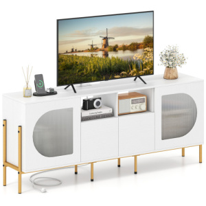 TV Stand for 70 Inch TV with Power Outlets Drawers and Open Shelves-White