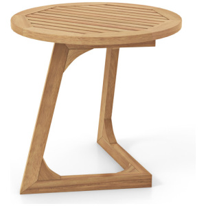 Teak Wood Side Table Round Sofa End Table with Slatted Tabletop