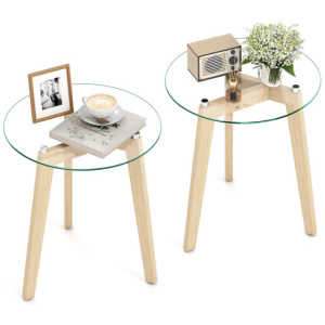 Tempered Glass End Table Round with Solid Rubber Wood Structure-Set of 2