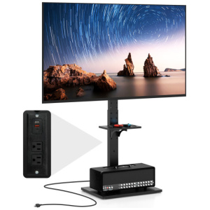 Tilt and Height Adjustable Floor TV Stand with Power Outlet and Adjustable AV Shelf