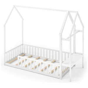 Twin House Floor Bed Montessori Bed Frame with Storage Shelf-White
