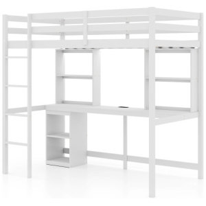 Twin Loft Bed with LED Light and Desk No Box Spring Needed-White