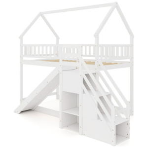 Twin Over Twin Bunk Bed with Slide and Staircase-White
