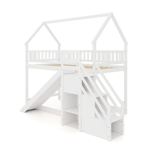 Twin Over Twin Bunk Bed with Slide and Staircase-White