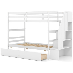 Twin Over Twin Bunk Bed with Storage Stairs and Drawers-White