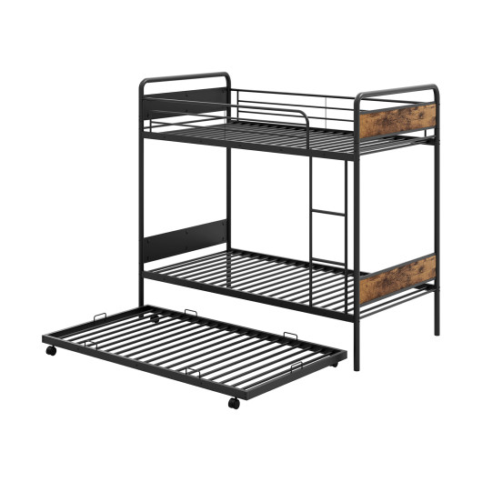 Twin Over Twin Bunk Bed with Trundle with Ladder and Full-length Guardrails-Black