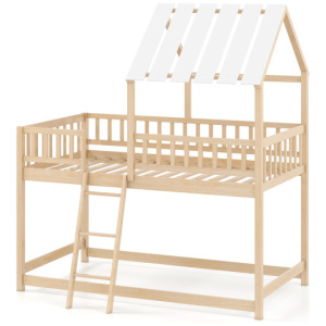 Twin Over Twin House Bunk Bed with Roof and Full-length Guardrails for Kids Teens Boys Girls-Natural