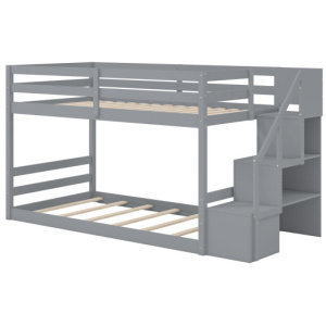 Twin Over Twin Low Bunk Bed with Storage Stairs Solid Wood Floor Bunk Bed Frame-Gray