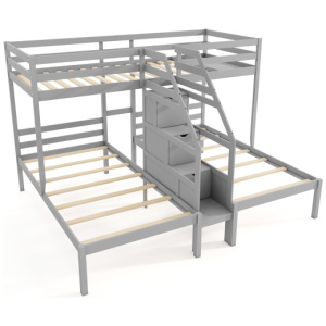 Twin Over Twin and Twin Bunk Bed with Storage Staircase and Guardrail for 3 Kids Teens-Gray