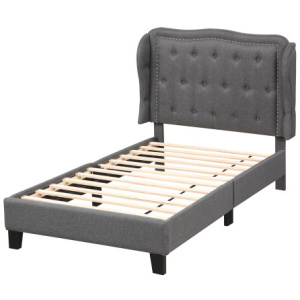 Twin Size Bed Frame with Button Tufted Wingback Headboard and Storage Space-Gray