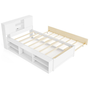 Twin Size Bed Frame with Trundle and Power Outlets-White