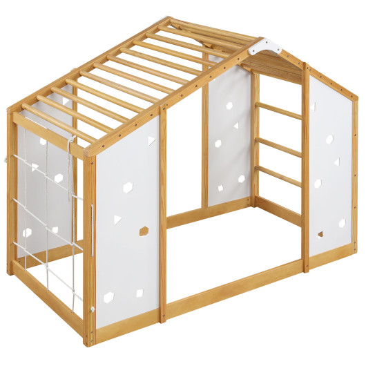 Twin Size Climbing Bed 2-in-1 Montessori Floor Bed with Monkey Bars-Natural and White